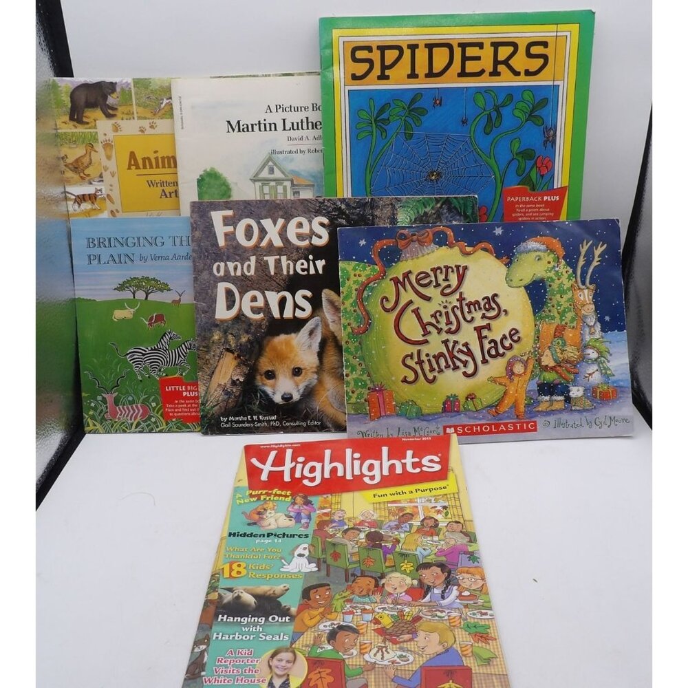 Lot Of 6 Children's Books & 1 Highlights Magazine- Spiders, Foxes,  Christmas an